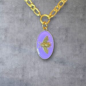 Upcycled Gucci Gold Bee Purple Pendant Necklace